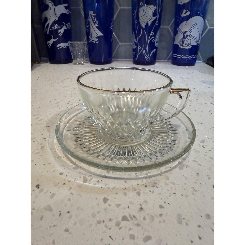 Jeannette Crystal Clear Anniversary Tea Cup And Saucer Depression Glass